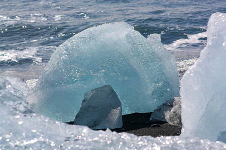 The beautiful clear  on Diamond beach in Iceland