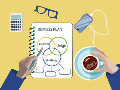 工作环境,顶视图.写商业计划书.简约风格.卡通平面光栅照片