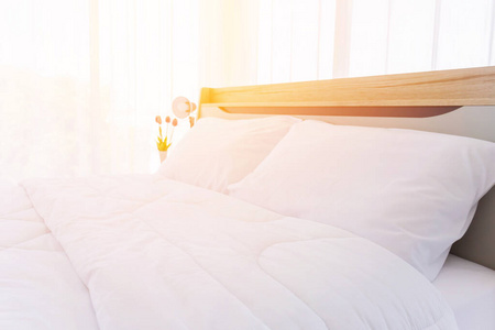 醒着 床上用品 纺织品 美丽的 在室内 卧室 房子 软的