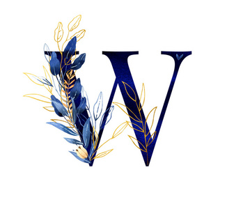 水彩字母w-手绘花卉花押字,深蓝色阴影标志照片