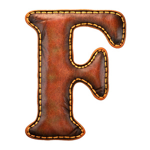 皮革字母f大写.在白色背景上隔离皮肤纹理的3d渲染字体.照片