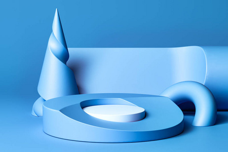 背景为蓝色几何图形的基座.3d渲染.极简主义概念.照片