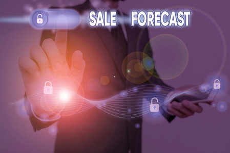 显示销售预测的概念性手写体。商业照片展示了估计未来交易或交易的过程。