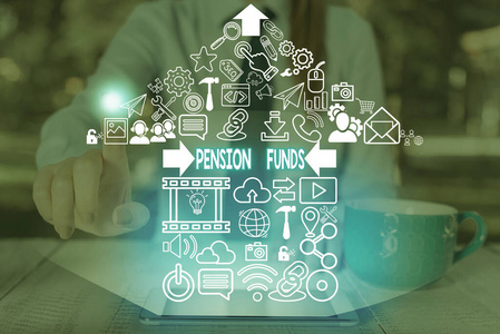 展示养老基金的概念性手稿。商业照片文本投资池，用于支付员工退休承诺。