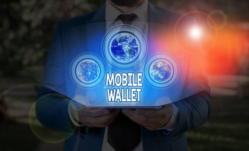 显示手机钱包的文字标志。概念照片移动技术，使用类似于这张图片的真实钱包元素由美国宇航局提供。