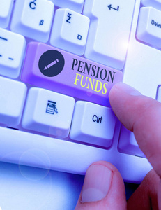 展示养老基金的概念性手稿。商业照片展示了支付员工退休承诺的投资池。