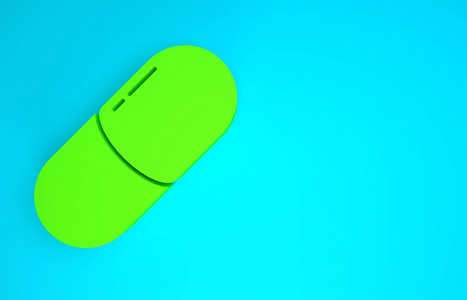 蓝色背景上隔离的绿色药丸或药片图标。胶囊药丸和药物标志。药房设计。极简主义概念。三维插图三维渲染