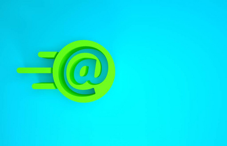绿色邮件和电子邮件图标隔离在蓝色背景上。信封符号电子邮件。电子邮件签名。极简主义概念。三维插图三维渲染