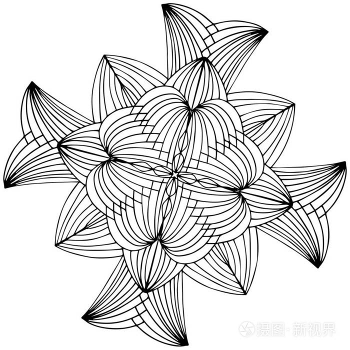 镜像图案重复线条星星花或雪花儿童着色绘画黑白相间的雪花