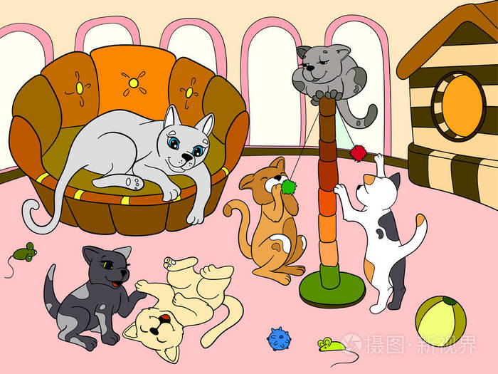 儿童彩书卡通家庭对自然猫妈妈和小猫的孩子们