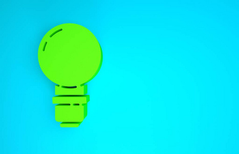 蓝色背景上独立的绿色灯泡，概念图标。能量和思想的象征。灵感概念。极简主义概念。三维插图三维渲染