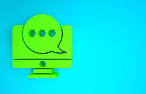 绿色新的聊天信息通知监视器图标隔离蓝色背景。智能手机聊天短信语音泡泡。极简主义概念。三维插图三维渲染