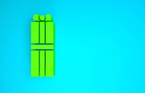 绿色礼品盒图标隔离在蓝色背景上。生日快乐。极简主义概念。三维插图三维渲染