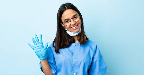 健康 指向 计数 外科医生 女人 光晕 冠状病毒 拇指 面具