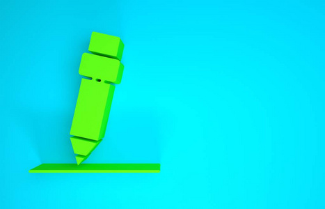 绿色铅笔与橡皮擦图标隔离在蓝色背景。绘画和教育工具。学校办公室标志。极简主义概念。三维插图三维渲染