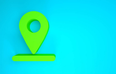 蓝色背景上隔离的绿色地图插针图标。导航，指针，位置，地图，gps，方向，地点，指南针，搜索概念。极简主义概念。三维插图三维渲染