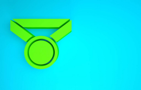蓝色背景上隔离的绿色勋章图标。获胜者标志。极简主义概念。三维插图三维渲染