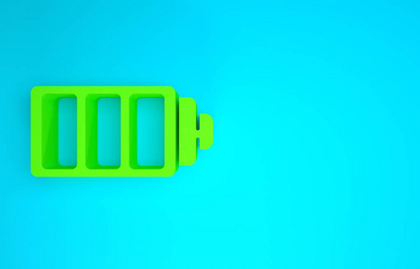 绿色电池充电水平指示器图标隔离在蓝色背景上。极简主义概念。三维插图三维渲染