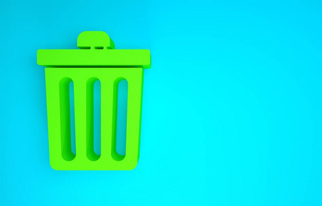 绿色垃圾桶图标隔离在蓝色背景上。垃圾箱标志。回收篮图标。办公室垃圾箱图标。极简主义概念。三维插图三维渲染