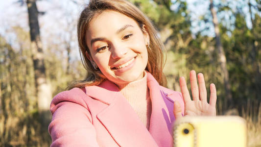 乐趣 女人 公园 旅行者 美丽的 美女 照片 电话 肖像