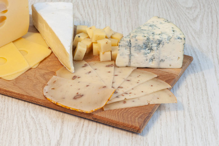 不同类型的奶酪罗克福奶酪，核桃奶酪，布里干酪，放在木板上。