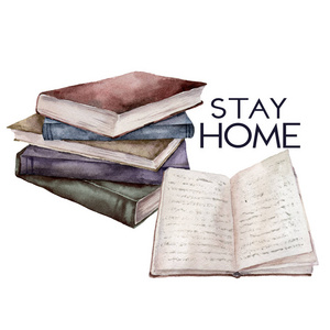 水彩画留宿卡与复古书籍组成.流行病期间的隔离.