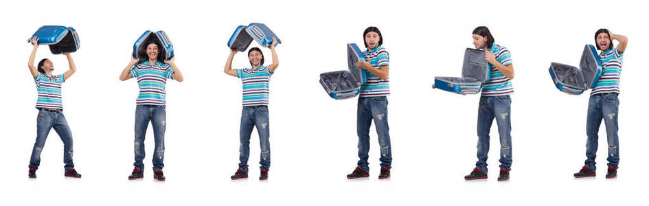 一个年轻人拿着白色隔离的手提箱