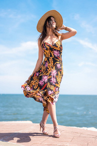 假期 肖像 时尚 夏天 海洋 海滩 稻草 连衣裙 旅行 美丽的