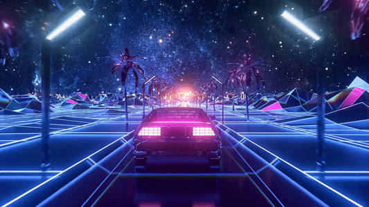 动画汽车俯视抽象的未来霓虹城市景观和汽车行驶的道路.股票动画.