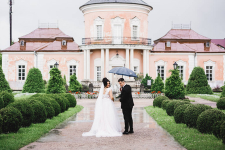 这对幸福的新婚夫妇在雨中打着伞在植物园散步。