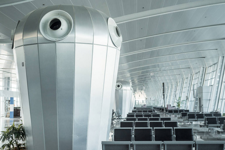 Empty airport interior.flights canceled.Large air conditioning i