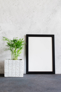 黑色海报或相框和漂亮的植物放在混凝土盆里。斯堪的纳维亚风格房间内部。