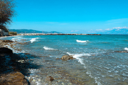 夏天 岩石 卵石 悬崖 海滨 爱奥尼 海岸 波动 希腊 峭壁