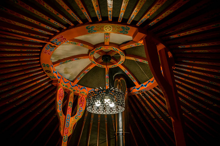 养牛内部,蒙古包在里面.装饰细节特写.久坐的生活方式,养牛照片