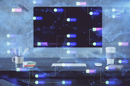 技术主题绘图和电脑表格。双重曝光。信息概念。