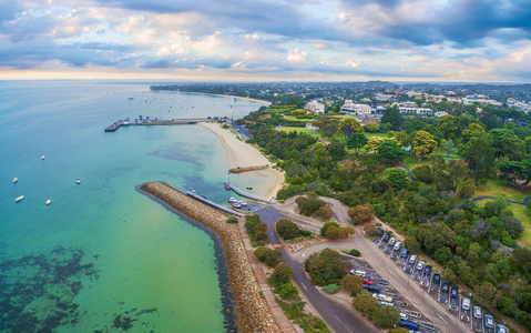 房屋 桥墩 黄昏 海洋 晨光 海岸线 全景 全景图 澳大利亚