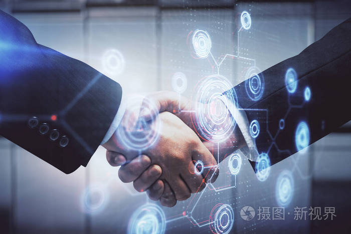 数据主题全息图的双重曝光和两个人的握手it行业合作理念