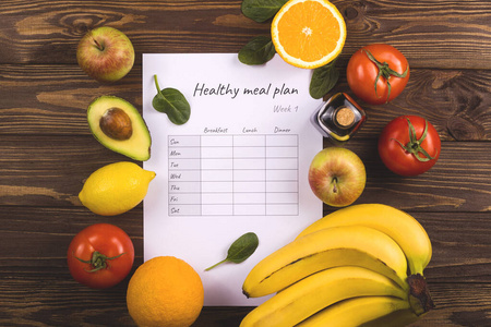 有每周营养计划的桌子。健康饮食和减肥的概念。