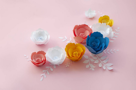 Set of colorful paper art flowers. 