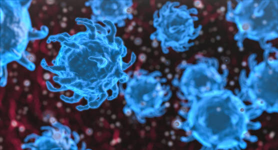 冠状病毒细胞，攻击呼吸道的病原体。显微镜下的冠状病毒2019 nCov细胞