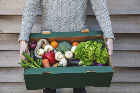 送一盒新鲜蔬菜的人。网上有机食品购物