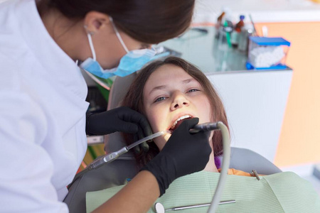 女医生牙医在牙科诊所为女病人治疗牙齿