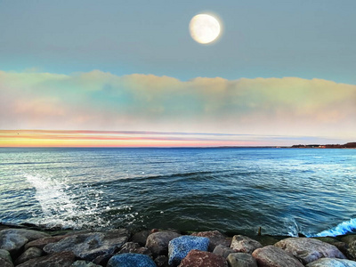 旅行 海滩 风景 波浪 月亮 天际线 傍晚 地平线 海景
