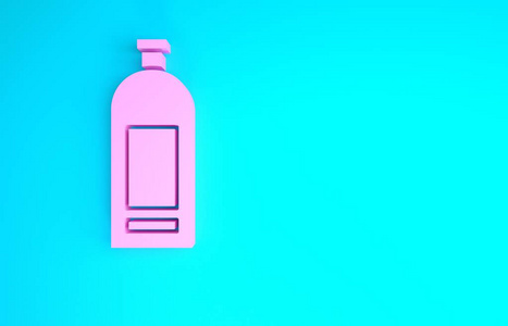 蓝色背景上隔离的粉红色洗发水瓶图标。极简主义概念。三维插图三维渲染