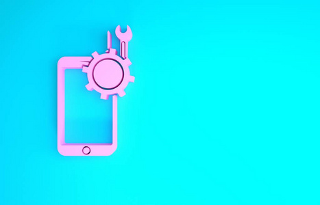 粉色手机，带螺丝刀和扳手图标，蓝色背景隔离。调整维修设置维护维修。极简主义概念。三维插图三维渲染
