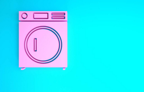 蓝色背景上隔离的粉红色洗衣机图标。洗衣机图标。洗衣机洗衣机。家用电器符号。极简主义概念。三维插图三维渲染