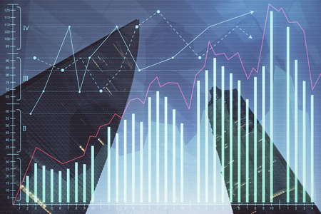 高楼背景多重曝光的城市景观外汇图表。金融研究概念。