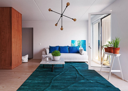 活的 家具 阳台 地毯 三维 客厅 插图 奢侈 空的 斯堪的纳维亚语