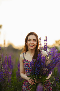 可爱的 紫色 羽扇豆 开花 领域 自然 女孩 植物 太阳