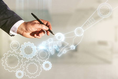 男性手拿笔工作抽象虚拟机器人技术草图模糊的办公背景,未来技术和